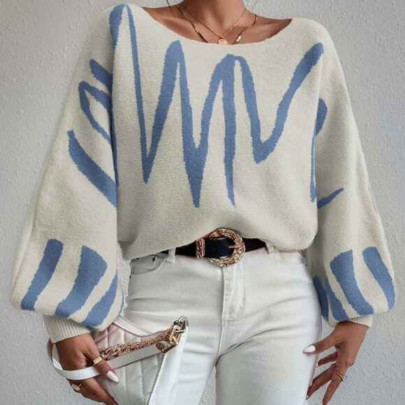 Women's Casual Beige with blue Graphic stripes Lantern Sleeve Sweater - Picture 3 of 7